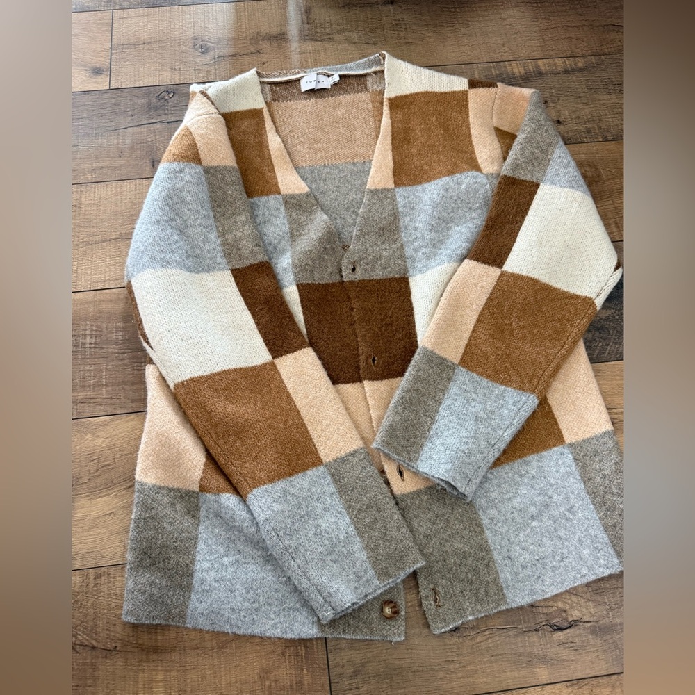 Topman Men's Checked Cardigan in Brown, Tan, Cream, Gray